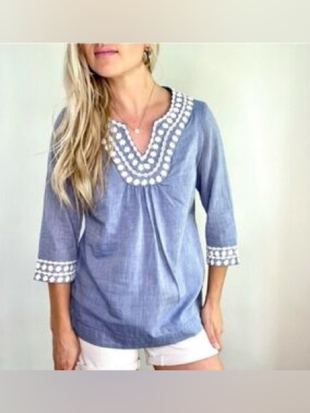 Boden Blue Chambray White Embroidered  Tunic Top *Flaws* Size 8